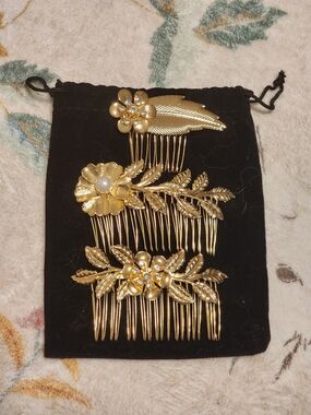 Gold Floral Bridal Hair Comb Set - Women Accessories